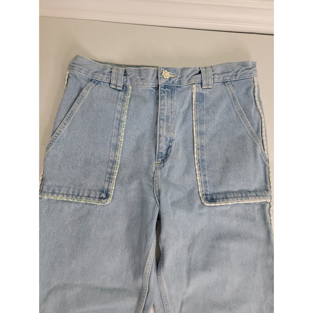 ZARA High Rise Jeans Sz 14 Tweed Trim Jewel Button Crop Wide Leg Light Wash Y2K - Picture 4 of 11